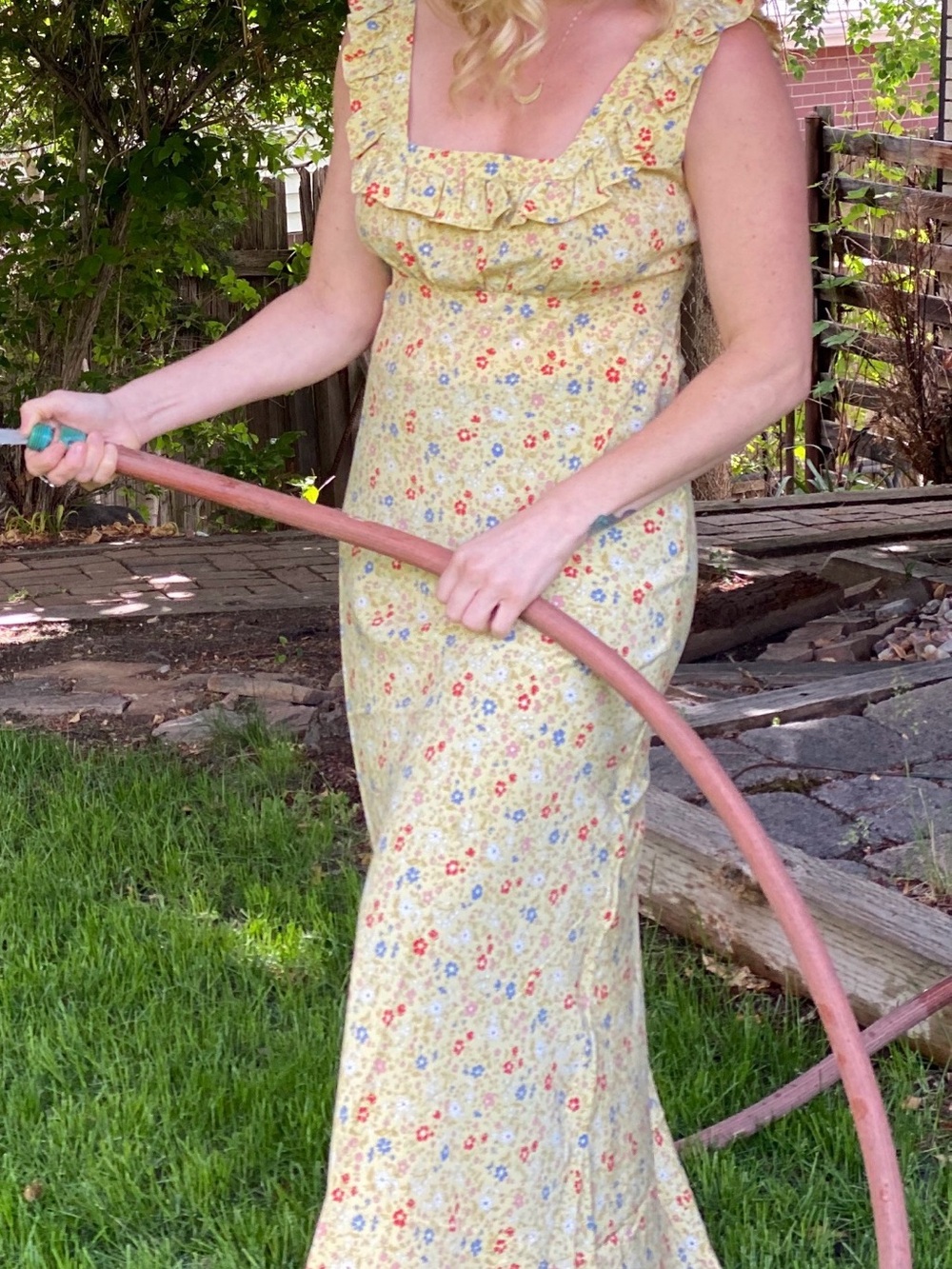 Doen  silk cascade Yellow Floral Ruffle Maxi Dress - Feminine Summer Dress